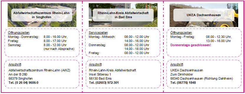Öffnungszeiten und Anschriften des Abfallwirtschaftszentrums Singhofen, der Abfallwirtschaft-Verwaltung in Bad Ems und der UKEA Dachsenhausen